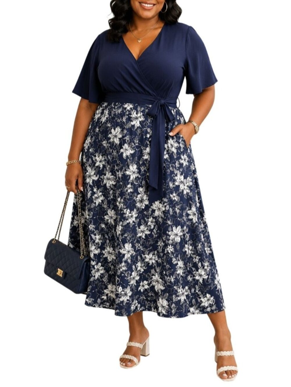 Bloomchic Size 10 Dress V-Neck Floral Ruffle Sleeve Midi Patchwork Pockets Belt